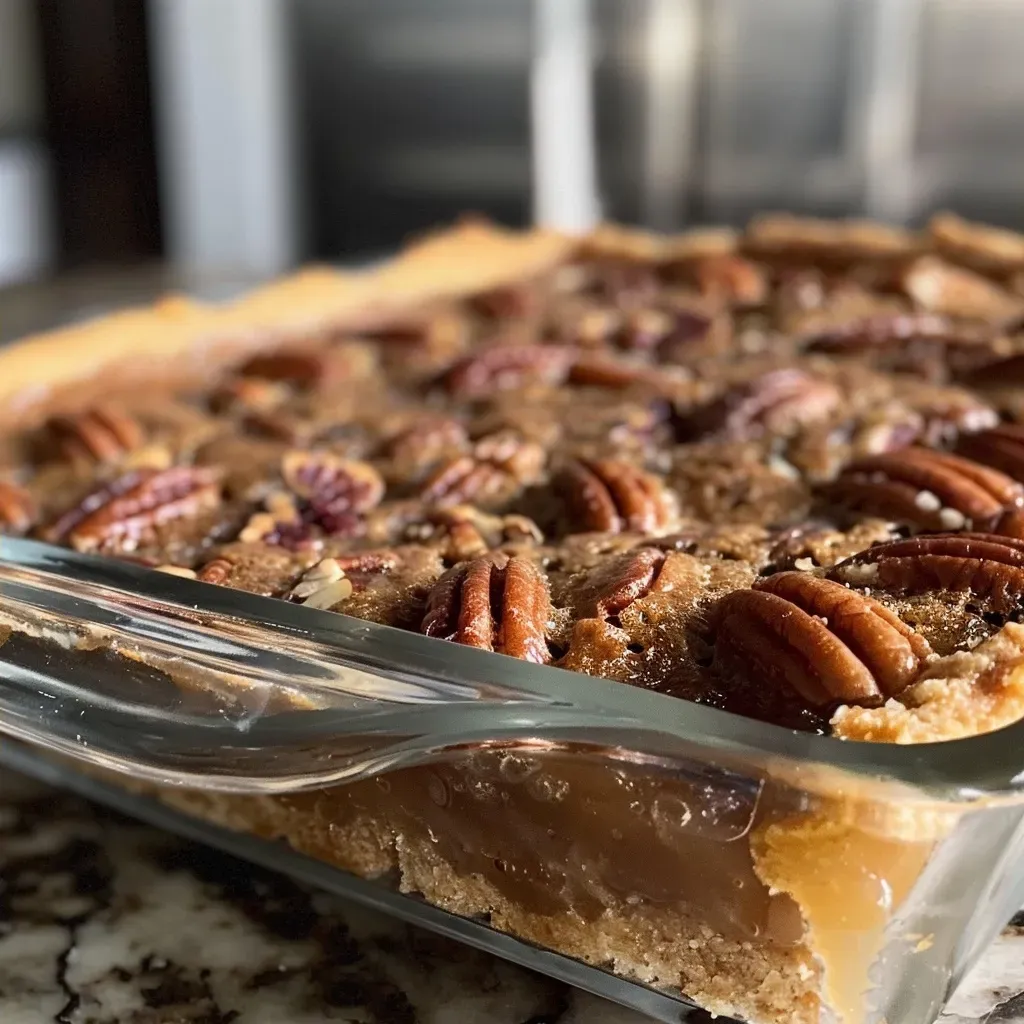 Juicy Pecan Pie Cobbler slice viewed from the side, highlighting earthy pecans and rich caramel layers.