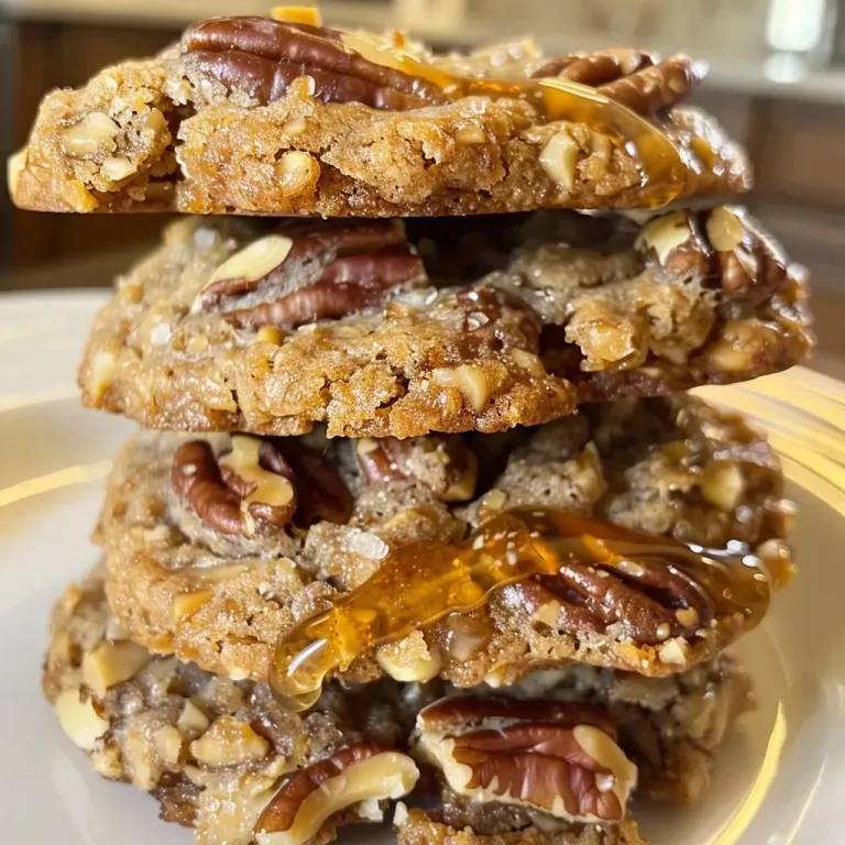 A close-up side view of pecan pie cookies displayed on a plate, showcasing their golden-brown color and pecan topping.