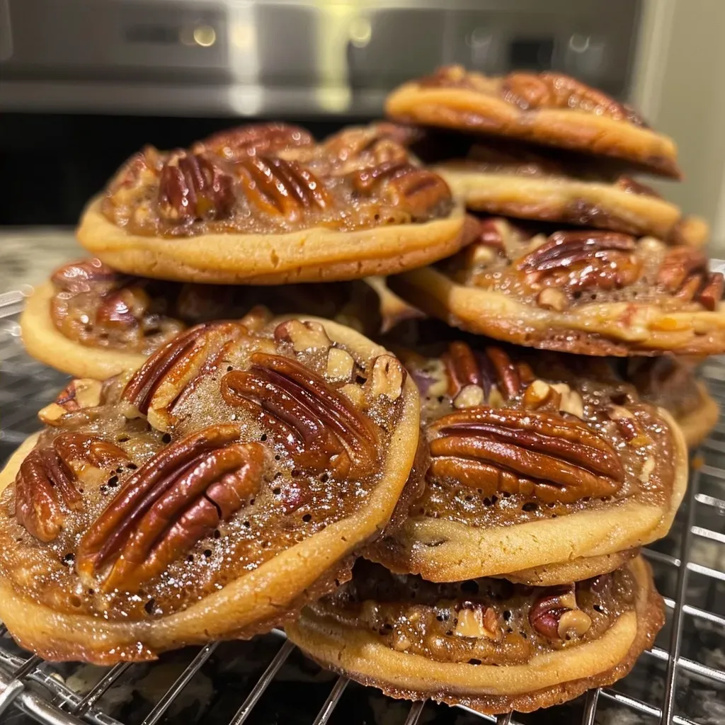 A detailed view of freshly baked pecan pie cookies with a crispy edge and gooey filling, garnished with whole pecans.