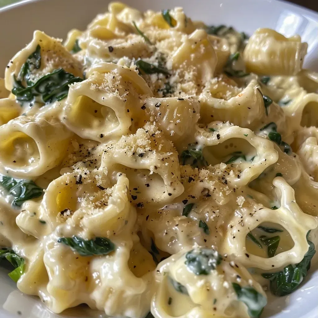 Close-up view of a bowl of protein pasta with spinach and cheese.