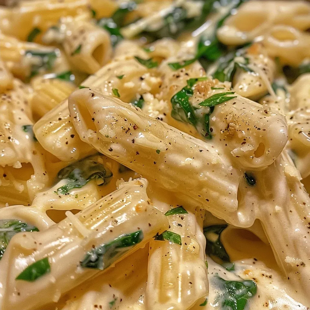 Side view of a plated protein pasta dish garnished with parmesan and spinach.