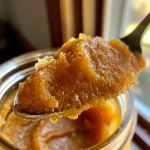 Close-up view of creamy pumpkin butter in a jar, surrounded by ingredients.