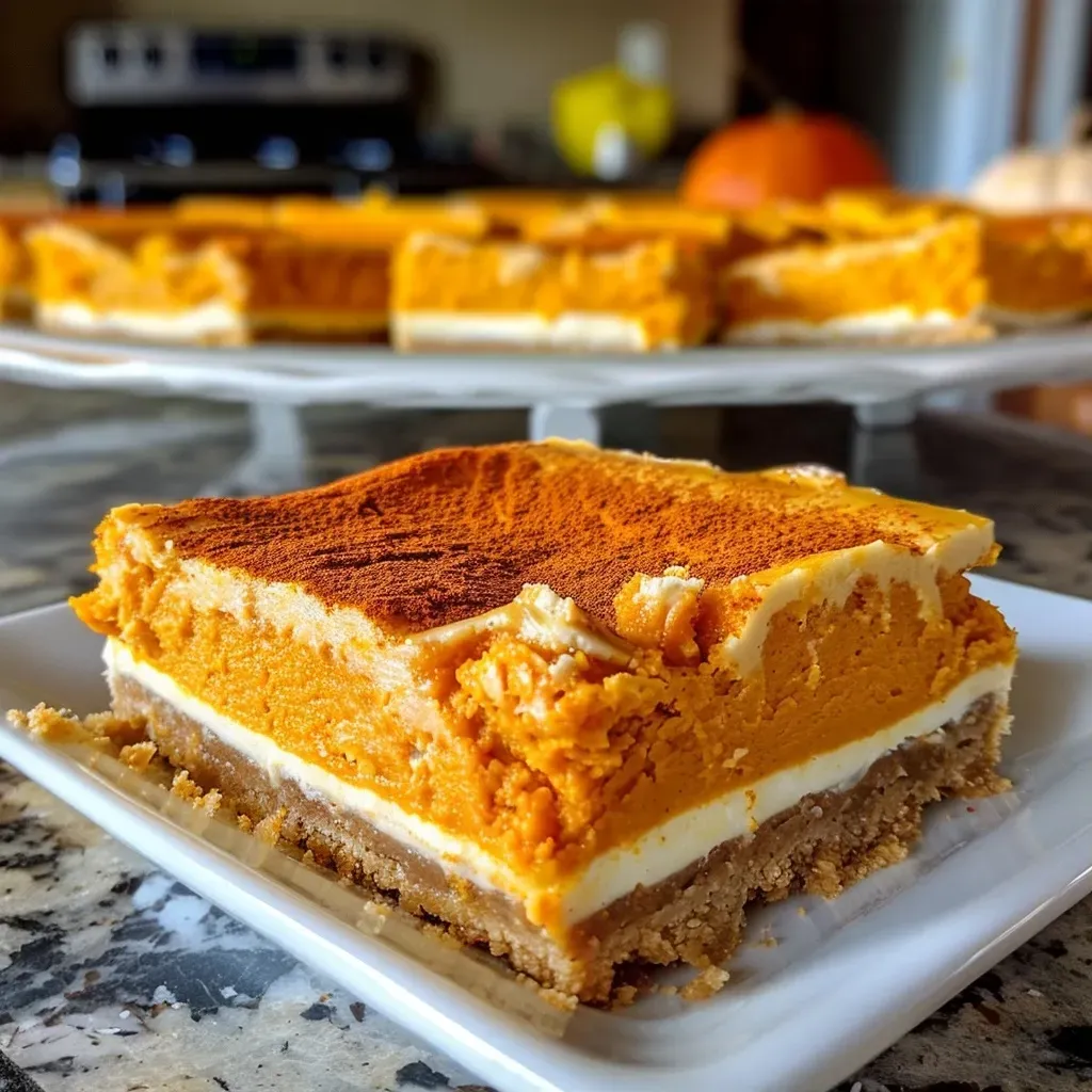 Close-up of pumpkin cheesecake bars with a smooth topping and crumbly crust.