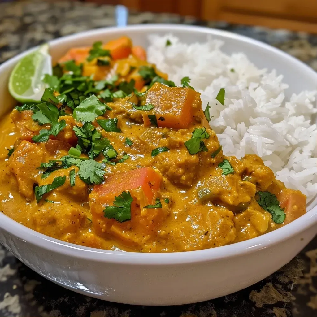 Close-up view of a vibrant pumpkin curry in a bowl, rich in color and texture.