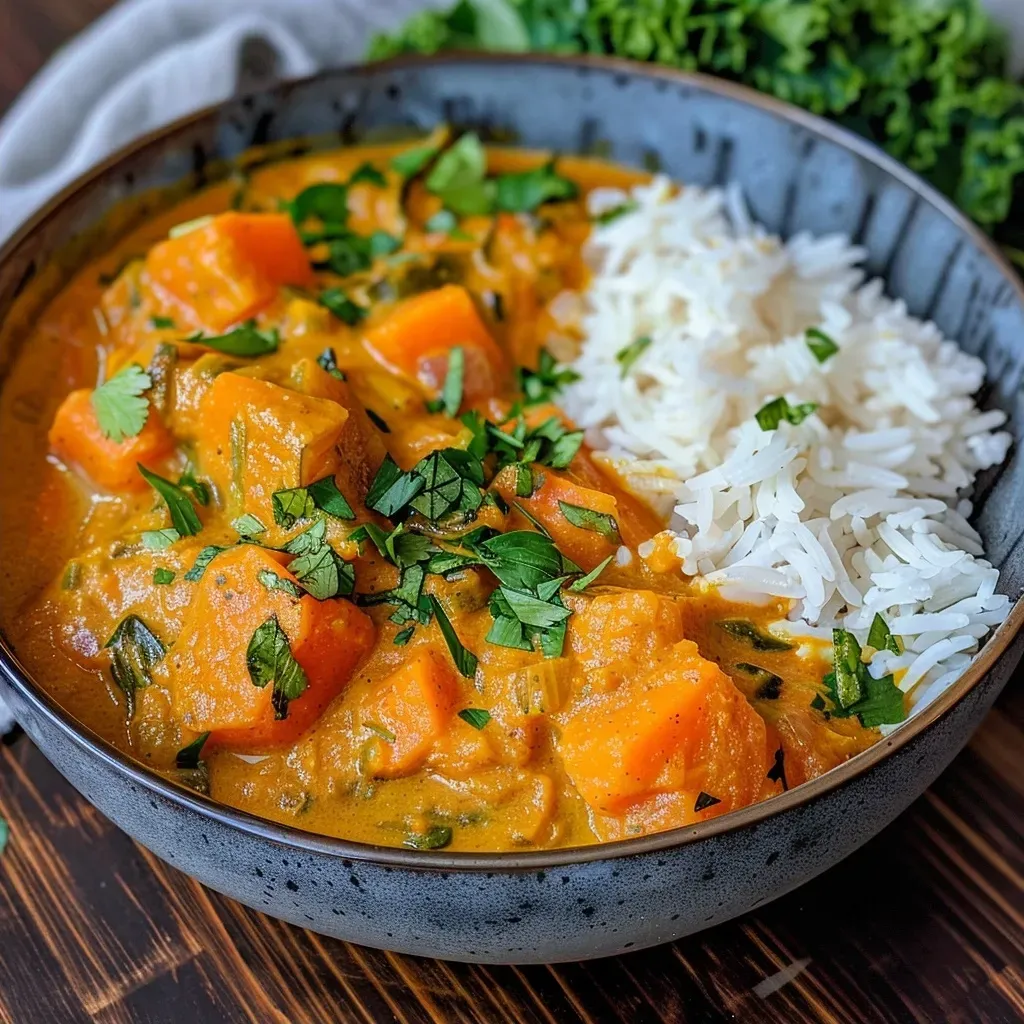 A side profile of pumpkin curry featuring chunks of pumpkin and fresh greens.