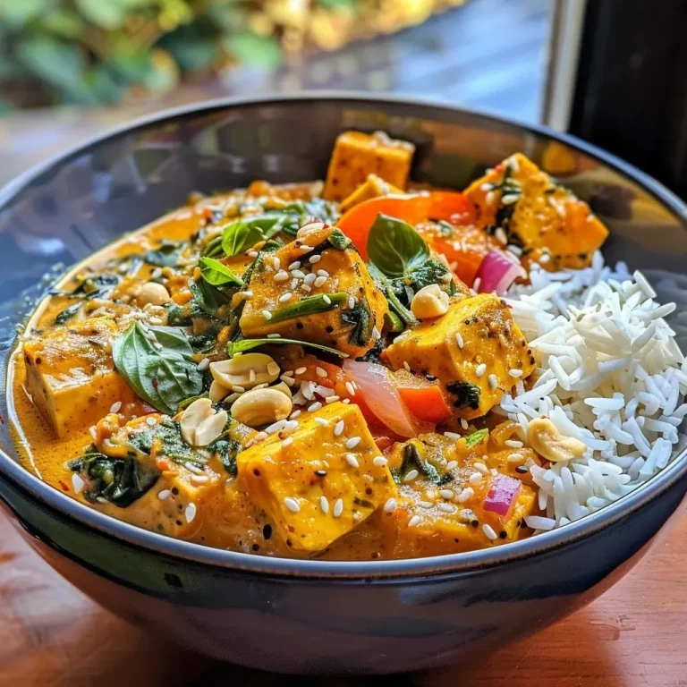 Unlock Flavor and Protein with This Pumpkin Curry Powerhouse Close-up side view of a bowl filled with rich, orange pumpkin curry garnished with herbs.