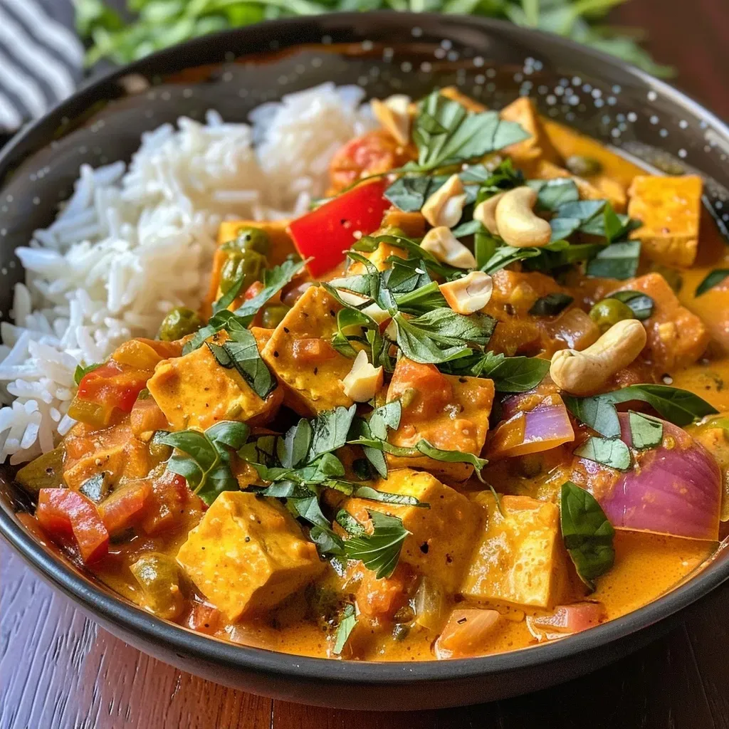 A vibrant bowl of pumpkin curry showcasing its creamy texture and colorful spices in a side view.