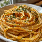 Close-up of flavorful pumpkin pasta, showcasing spaghetti coated in a creamy pumpkin sauce.