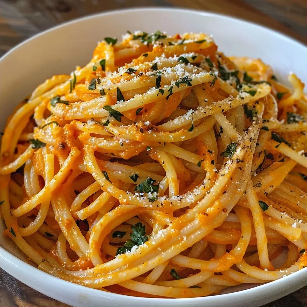 Side view of a plate of pumpkin pasta, highlighting the vibrant colors of the sauce and garnishes.