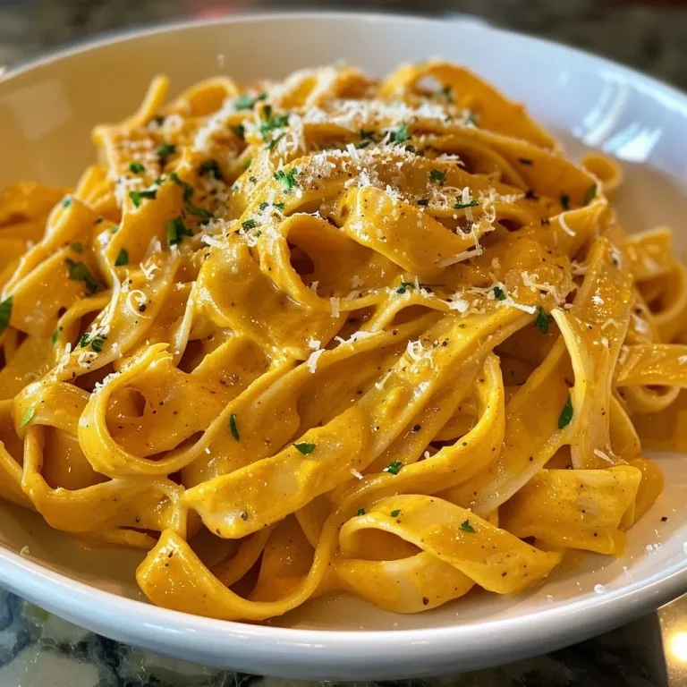 Creamy Pumpkin Pasta: A Protein-Packed Delight You Can Count On Close-up view of creamy pumpkin pasta with fettuccine noodles.