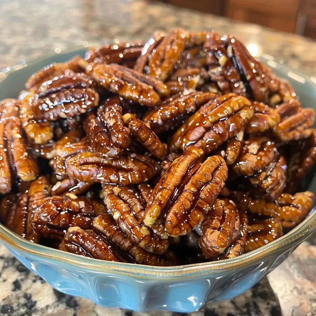 Close-up view of shiny, candied pecans glistening with syrup.