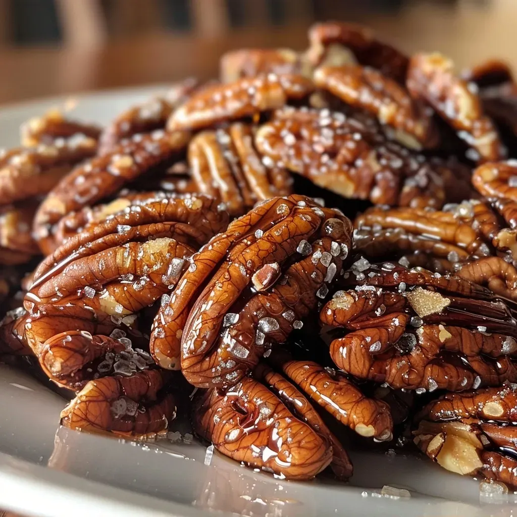 Side angle of a bowl filled with crunchy, caramelized pecans.