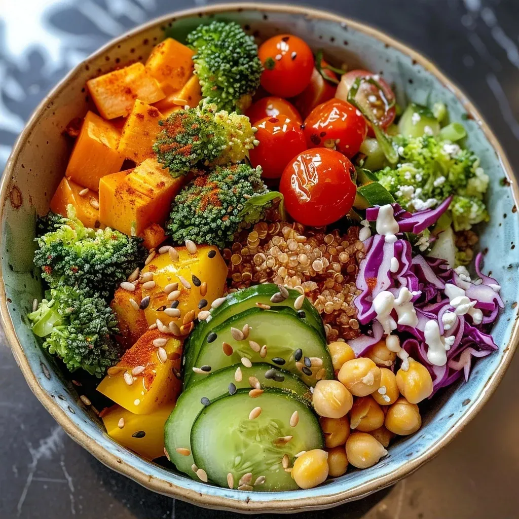 Close-up view of a Rainbow Buddha Bowl filled with sweet potatoes, broccoli, and avocado.