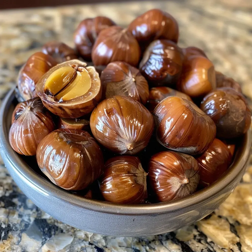 Juicy roasted chestnuts arranged in a rustic setting with a side view.
