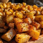 Close-up view of golden-brown roasted rutabaga cubes drizzled with olive oil.