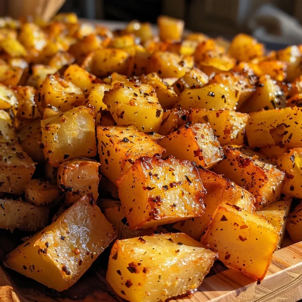 Close-up view of golden-brown roasted rutabaga cubes drizzled with olive oil.