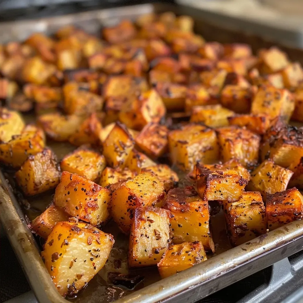 Side photo of roasted rutabaga pieces, crispy edges, and vibrant seasoning visible.
