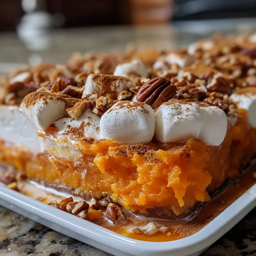 Close-up view of a Roasted Sweet Potato Casserole with pecan topping.