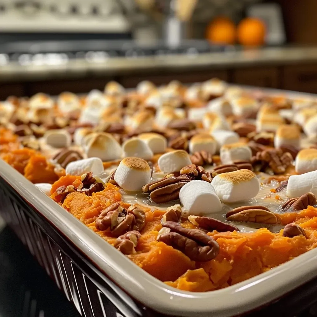 Side perspective of a golden-brown sweet potato casserole garnished with pecans.