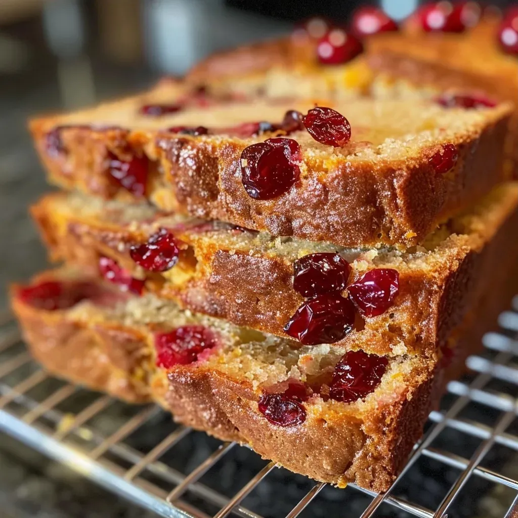 Close-up view of freshly baked Rustic Cranberry Orange Bread showcasing its golden crust and vibrant cranberry pieces.