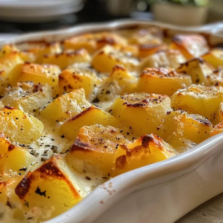 Close-up shot of a creamy rutabaga casserole with a golden-brown top.