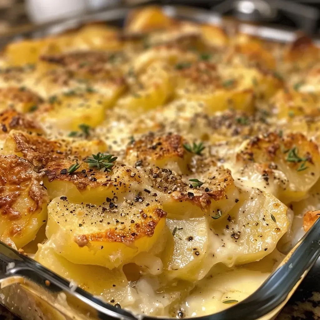 Side view of a rutabaga casserole showing its layered texture and creamy filling.