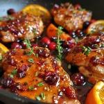 Juicy skillet cranberry orange chicken with bright orange slices and fresh cranberries.