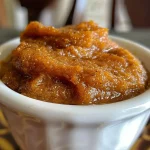 Close-up view of creamy pumpkin butter in a glass jar.