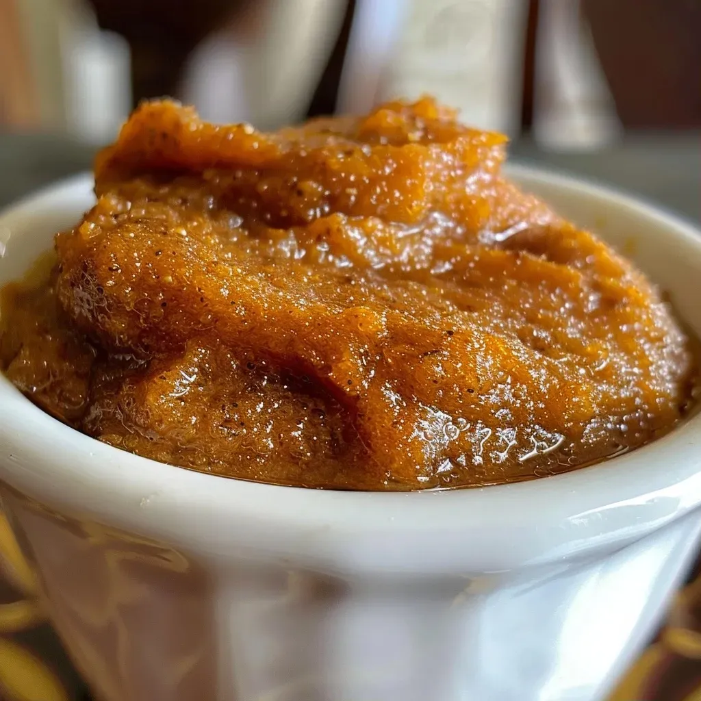 Close-up view of creamy pumpkin butter in a glass jar.