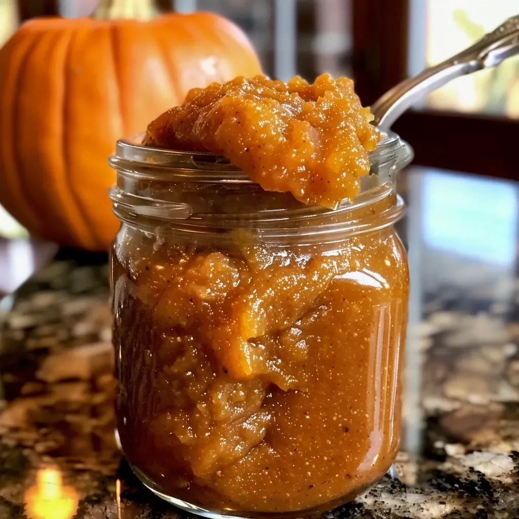 Rich and smooth pumpkin butter spread in a rustic bowl.