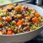 A close-up view of quinoa stuffing with colorful vegetables and herbs, presented in a bowl.
