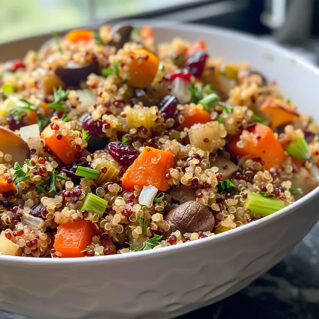 A close-up view of quinoa stuffing with colorful vegetables and herbs, presented in a bowl.