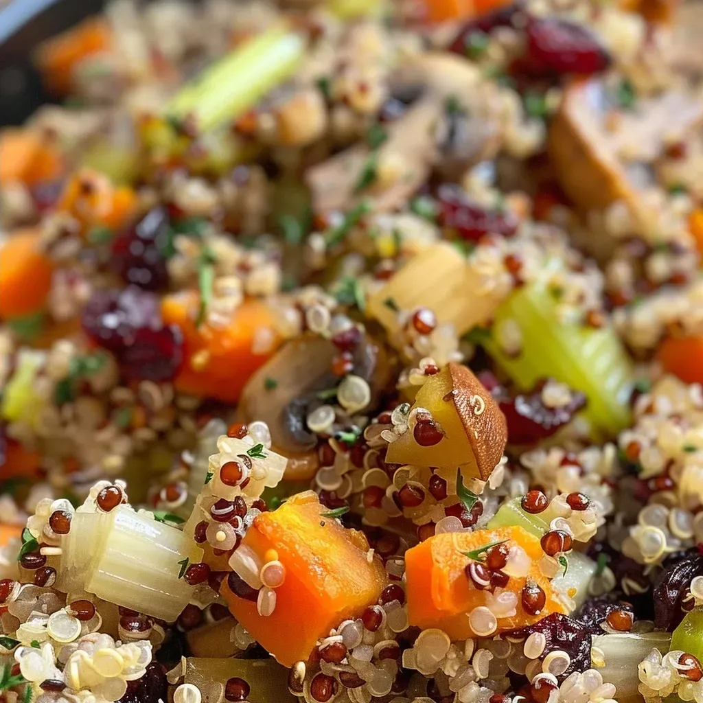A side view of Slow Cooker Quinoa Stuffing showing the texture and ingredients like cranberries and mushrooms.