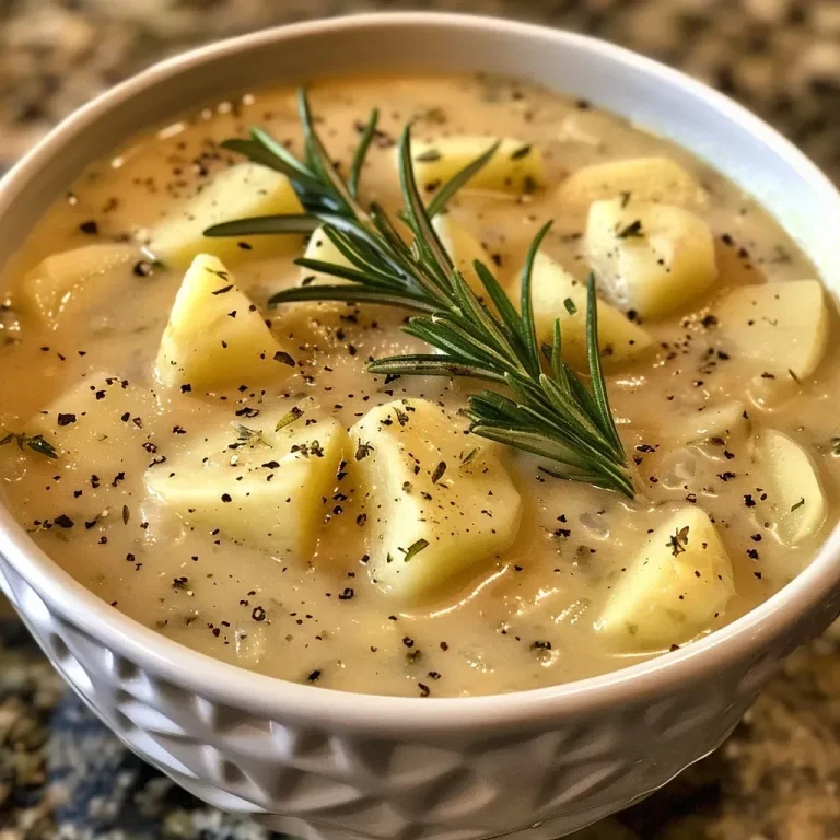 Close-up of a creamy potato soup garnished with fresh rosemary.
