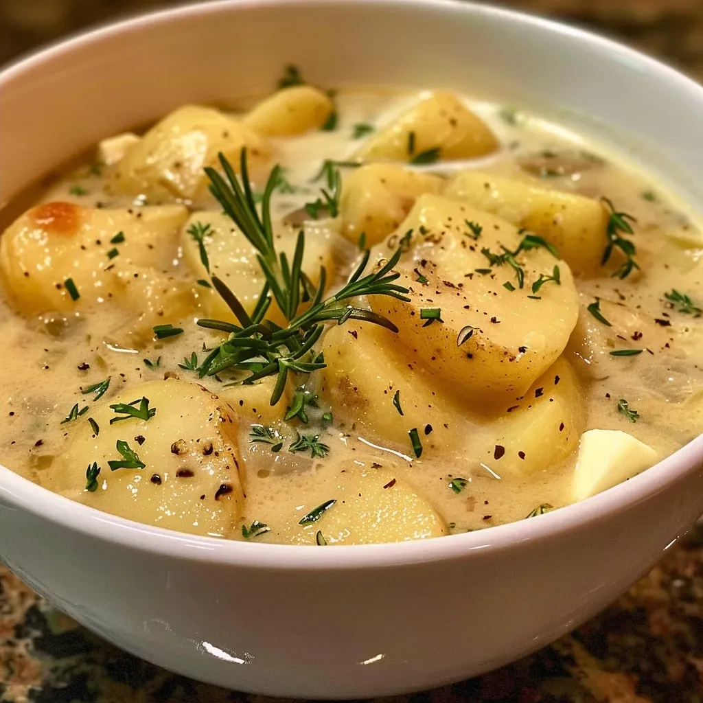Side view of slow cooker potato soup with chunks of potatoes and herbs.