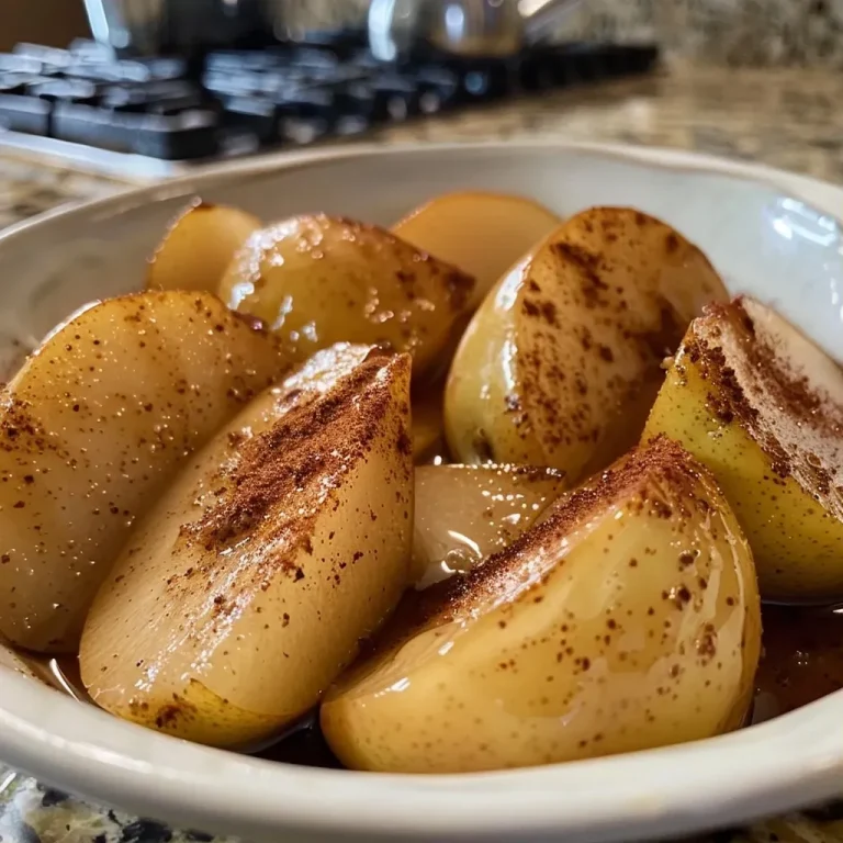 Close-up view of juicy spiced pears with a brown sugar glaze.