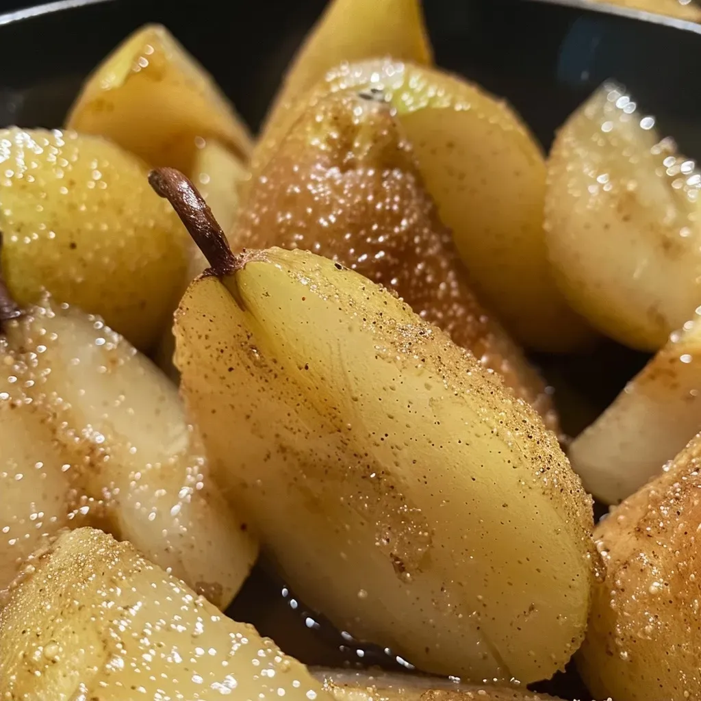 Side view of canned pear halves sprinkled with cinnamon and nutmeg.