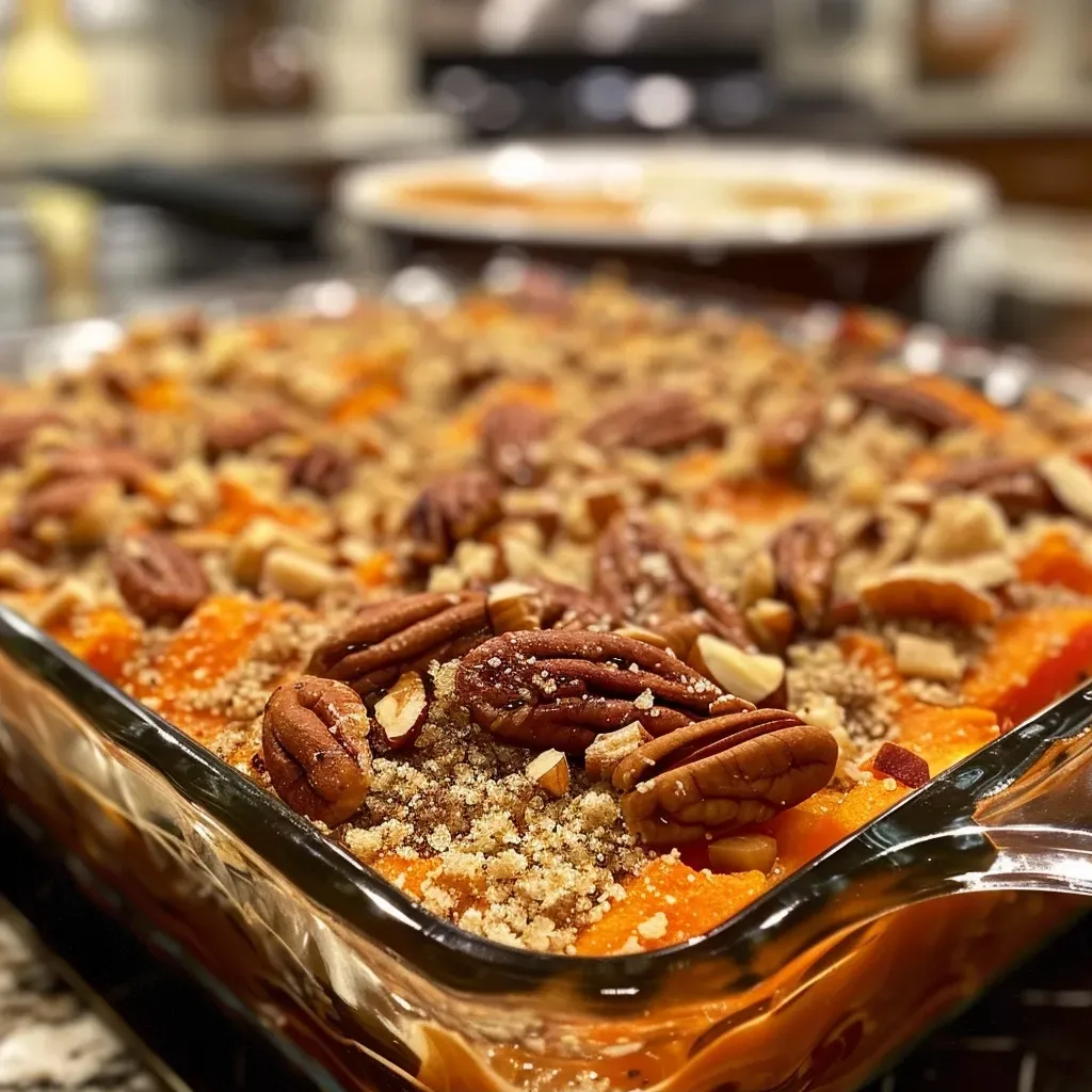 Close-up view of a golden-brown Sweet Potato Casserole topped with pecans.