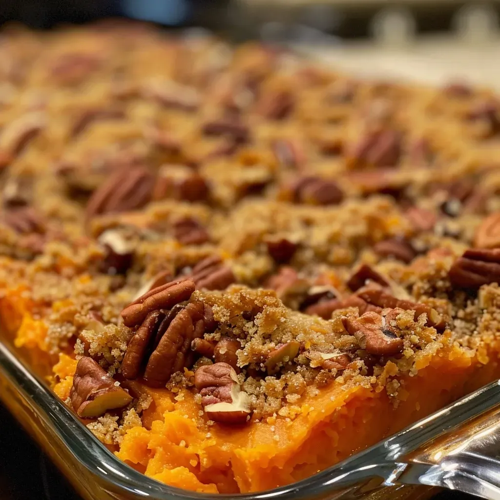 Side view of Sweet Potato Casserole with a crispy topping and creamy filling.