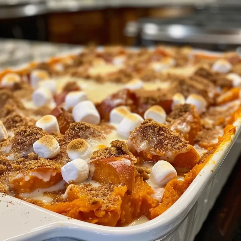 Close-up view of a golden-brown Sweet Potato Casserole topped with pecans.