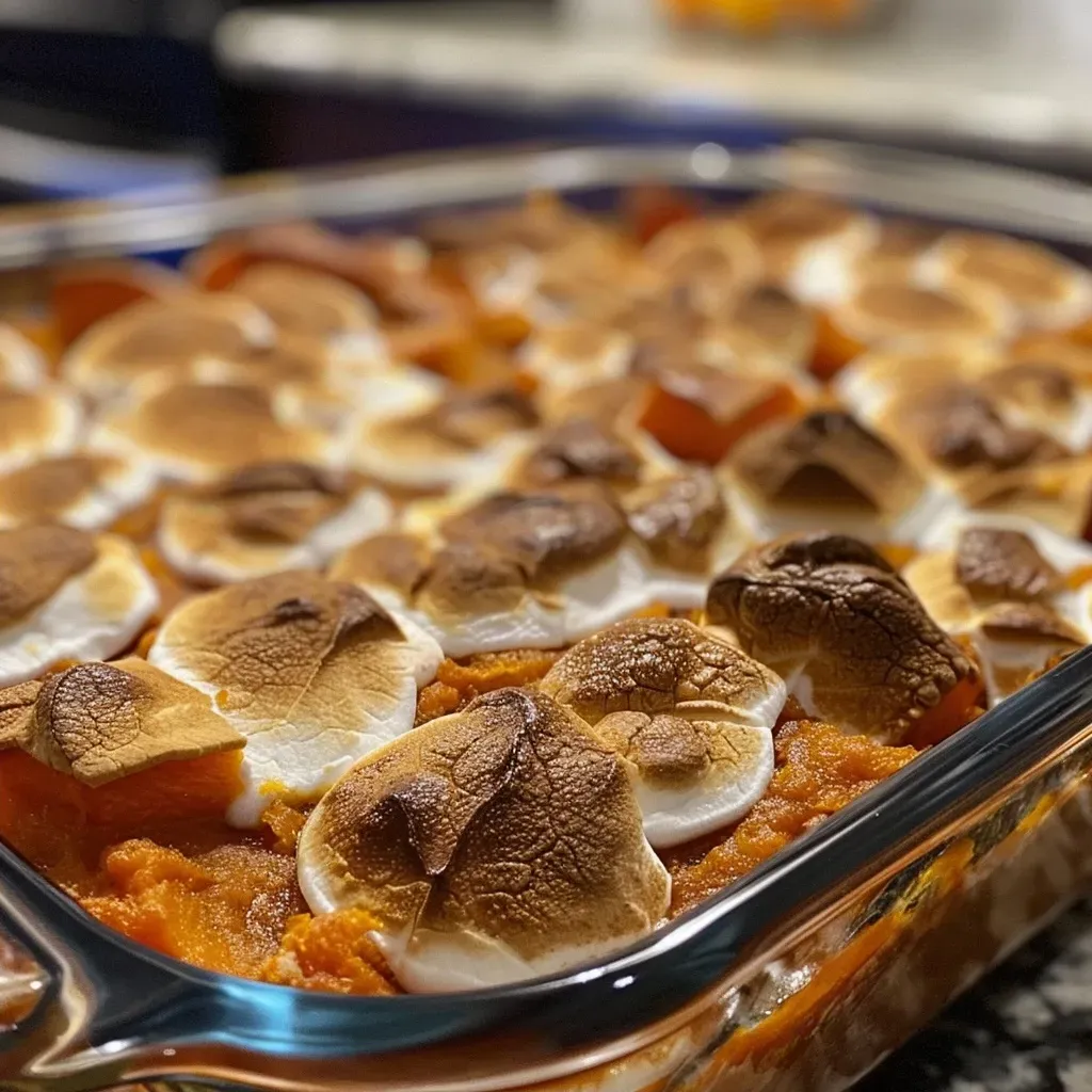 Side angle shot of a bubbling sweet potato casserole with a crispy pecan topping.