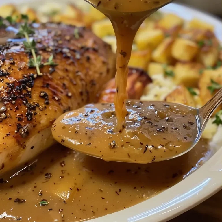 Close-up view of thick Thanksgiving gravy in a serving bowl.