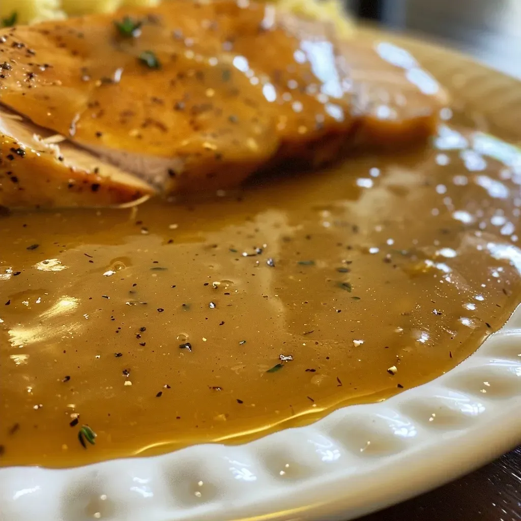 Side view of shiny, savory Thanksgiving gravy glistening in light.