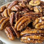 Close-up shot of perfectly toasted pecans showcasing their golden brown color.