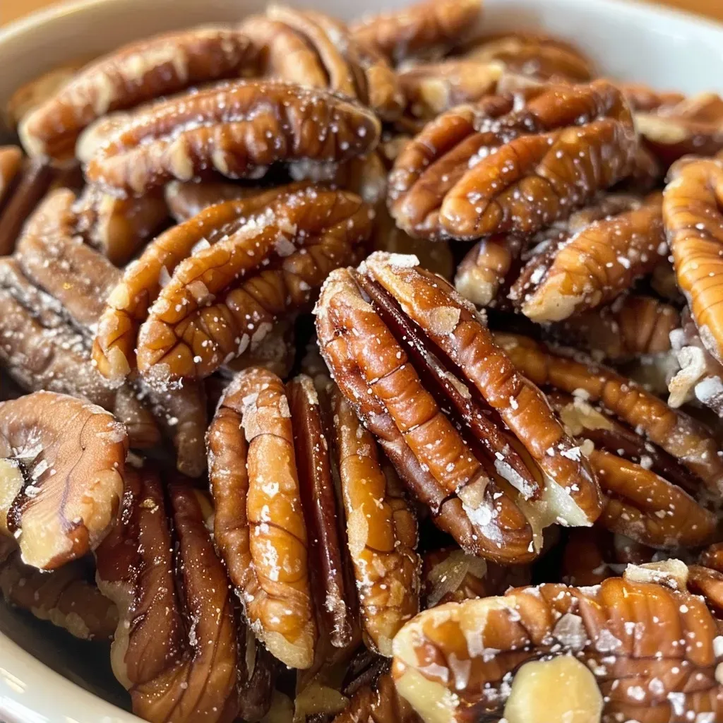 Side view of golden-brown toasted pecans in a bowl.