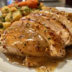 Close-up of rich, brown turkey gravy in a bowl, showcasing a smooth texture.