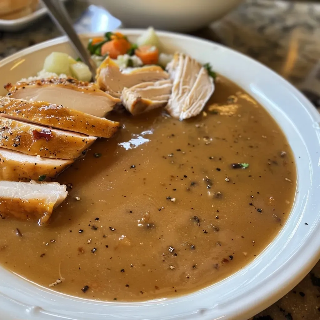 Side view of homemade turkey gravy, highlighting its glossy sheen and savory color.