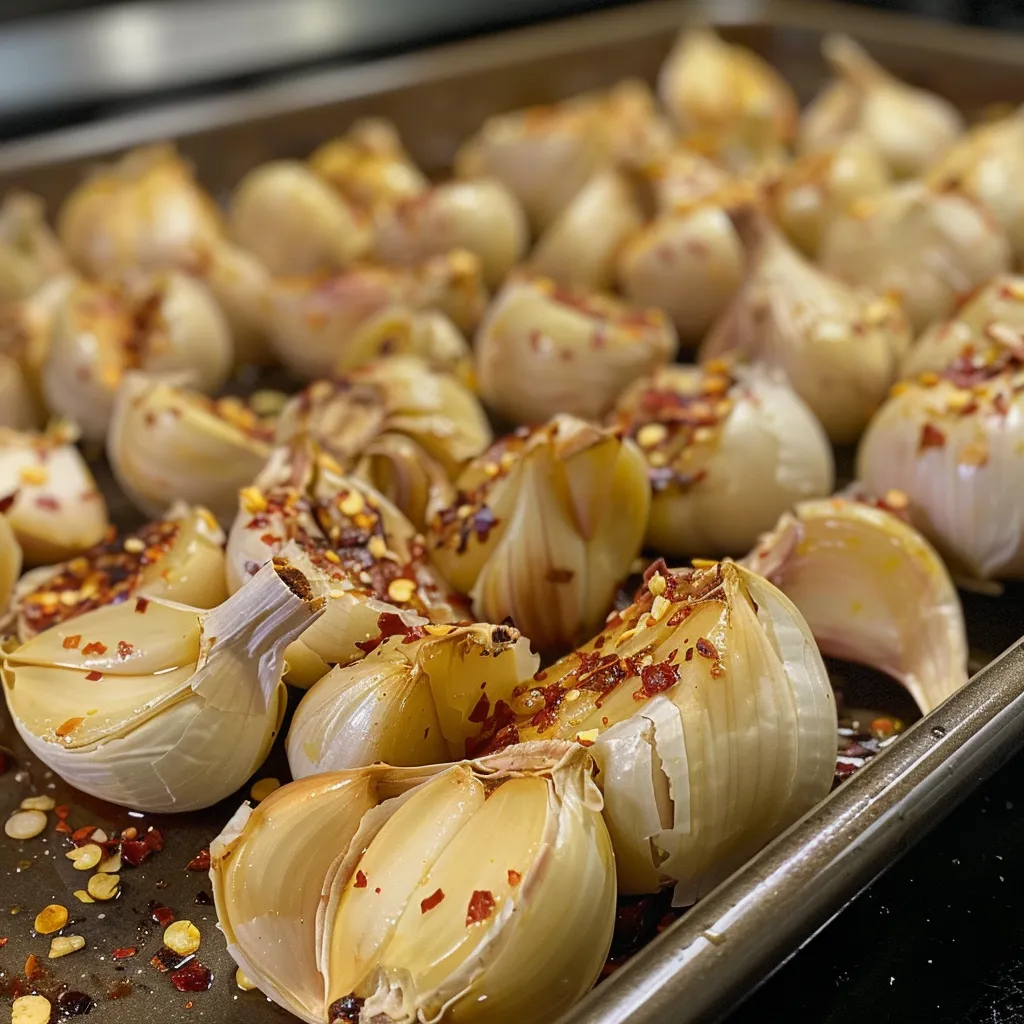 Side view of roasted garlic cloves, glistening with olive oil and sprinkled with red pepper flakes.