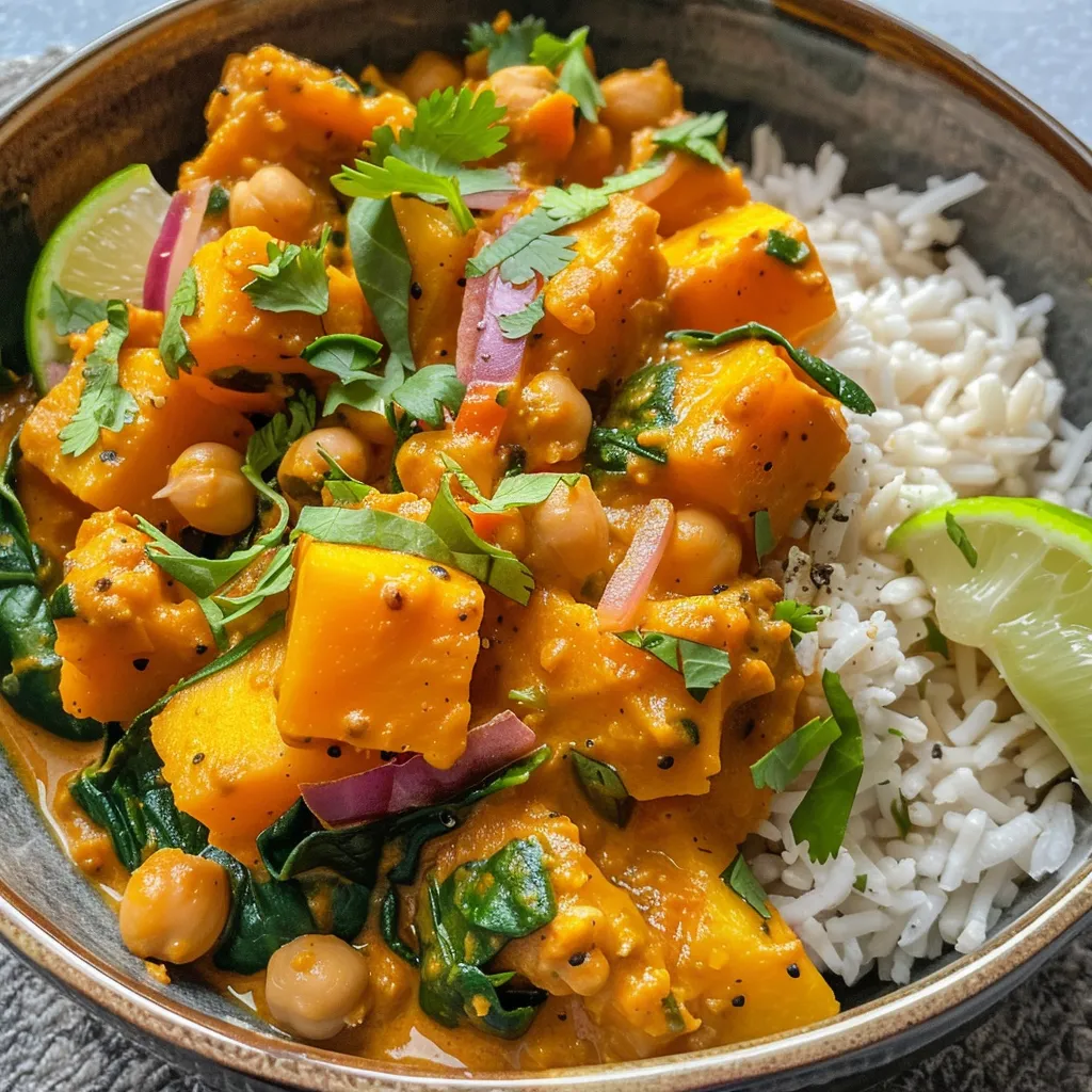 Close-up of High Protein Pumpkin Curry in a bowl, highlighting its vibrant orange color and creamy texture.