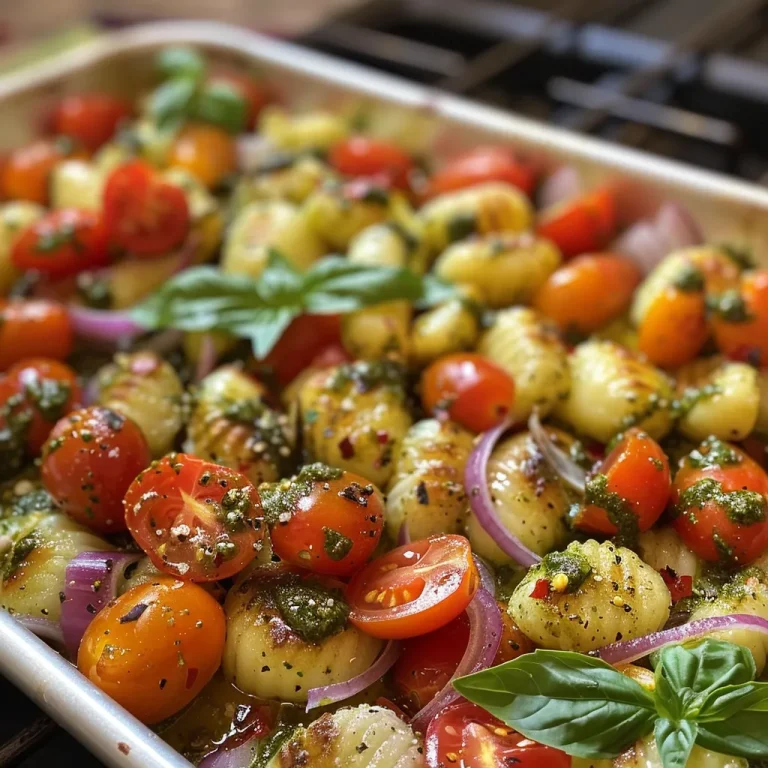 Gnocchi Goals: A Pesto-Packed Tray Bake That Fuels Your Fitness A close-up side view of a Pesto Gnocchi Tray Bake with colorful cherry tomatoes, fresh mozzarella, and herbs.